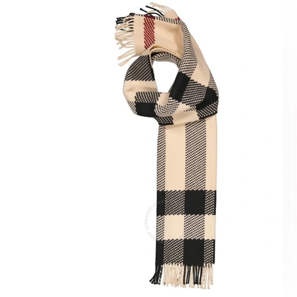 NWT $1050 Burberry Jumbo Check Fringe Wool Scarf in Stone, Unisex!